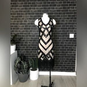 Black & Nude Sequin Fringe Dress